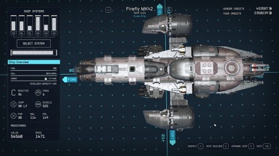 Starfield ships: an overhead view of some ship schmatics. This is a ship from the tv show Firefly.