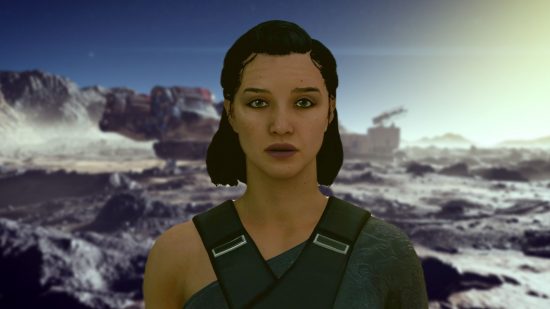 Starfield HD rework mod: a woman with short black hair and a dark blue dress stands in front of a planet's surface with a spaceship on it
