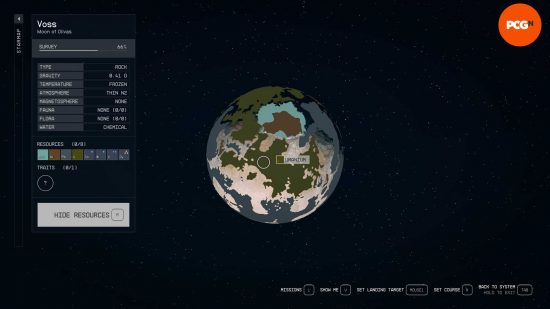 The orbital view of a planet, showing the Starfield materials available on it.