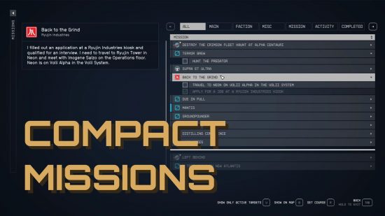 The compact missions UI Starfield mods will lower the opacity of completed missions as well as making more viewable on one page