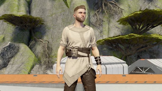 A man dressed like a Jedi master by using one of the Starfield mods to retexture some armor.