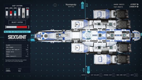 Starfield ships: an overhead view of a ship schematic. It's the Normandy from Mass Effect.