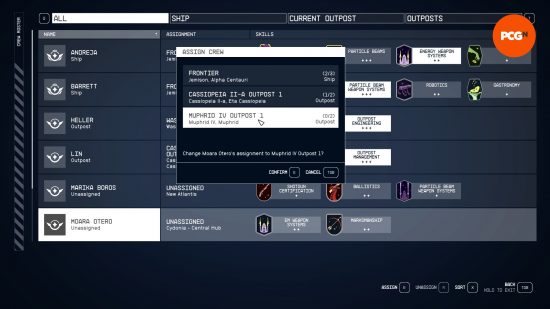 A list of the available Starfield outposts and other stations that a crew member can be assigned from the crew roster.