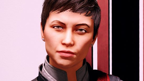 Starfield patch 1.7.29: a women with short brown hair and a red and grey collared shirt of some kind