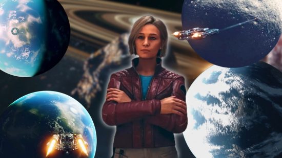 A blond woman with a bob and a red leather jacket and blue t-shirt stands with her arms folded in front of lots of different planets