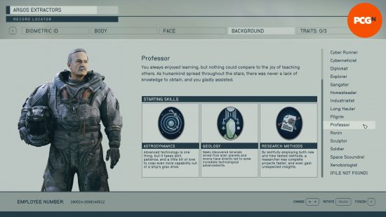 Starfield backgrounds: a menu screen showing the skills associated with the background professor.