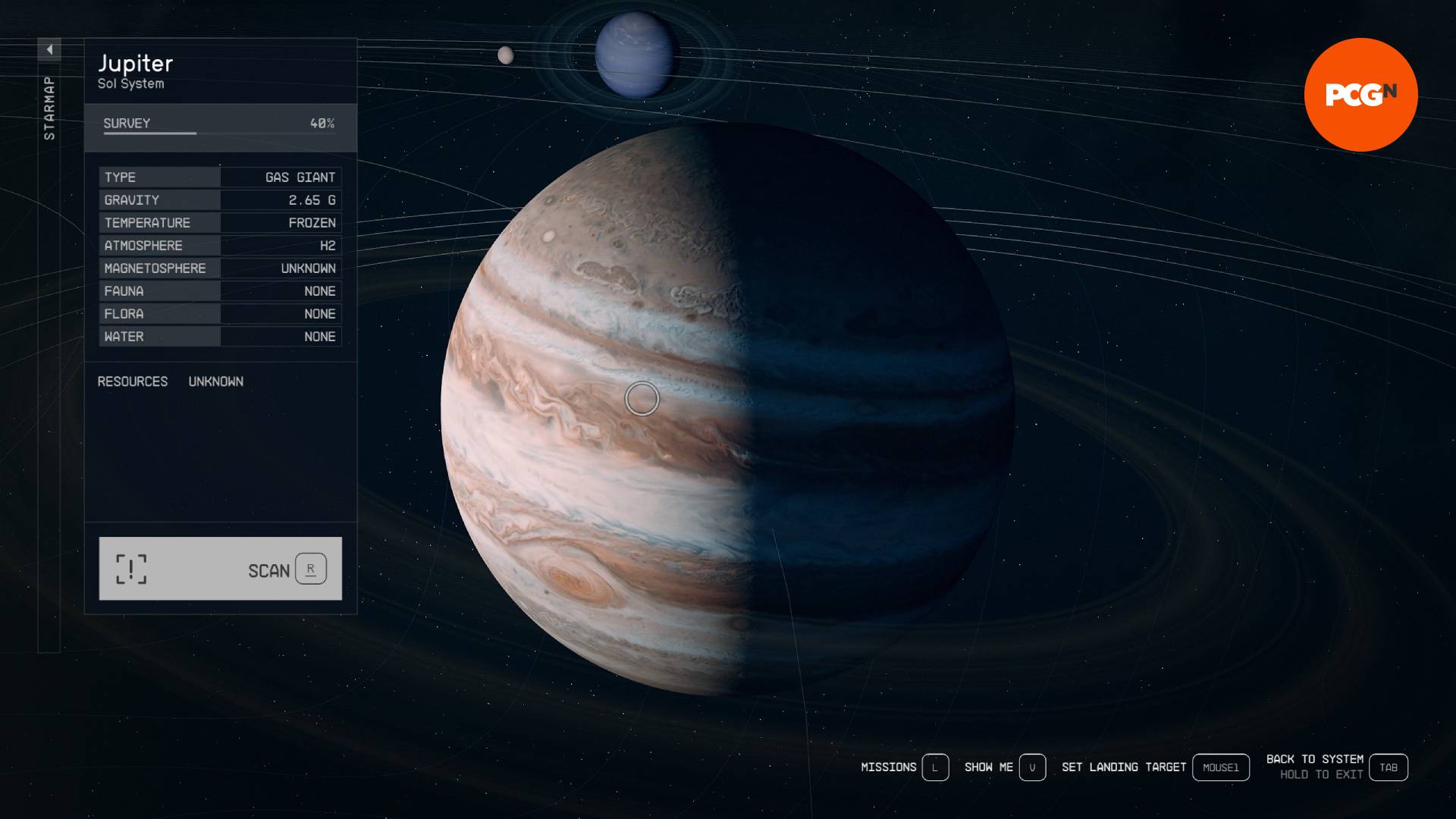 Where to sell survey data in Starfield: Scanning Jupiter from the map screen.