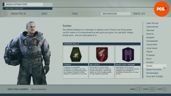 Starfield backgrounds: a menu screen showing the skills associated with the background soldier.