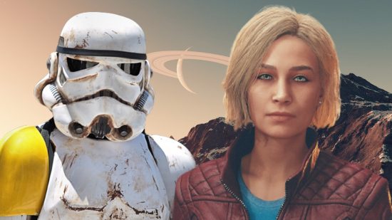 Starfield Star Wars: A young woman, Sarah Morgan next to a Stormtrooper in Bethesda RPG game Starfield