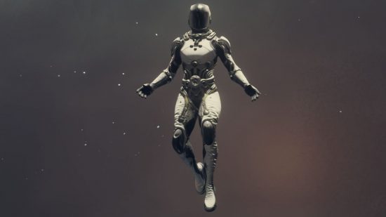 The Starfield Starborn space suit hovering in a galaxy