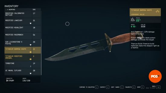 A Starfield Melee weapon, the Titanium Barrow Knife, appears in the players inventory.