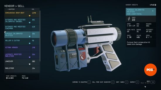 The Furious Calibrated Solstice, one of the best Starfield Energy weapons, appears in a list of items to purchase from a vendor.