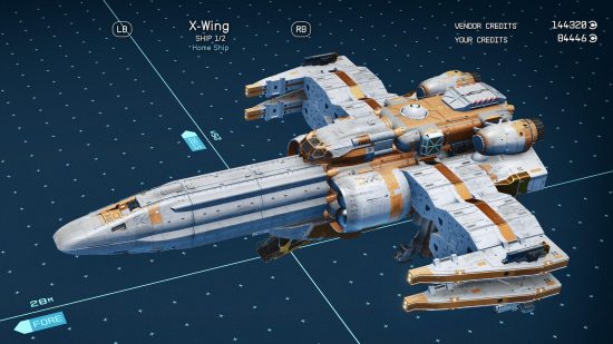 Starfield ships: a recreation of the X-Wing spaceship from Star Wars.