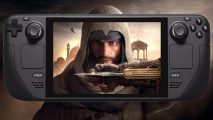 An image of Basim from Assassin's Creed Mirage on the screen of a Steam Deck.