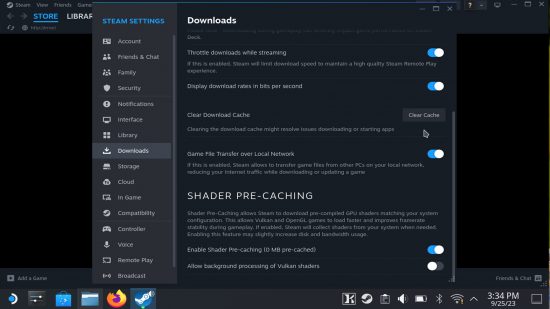 The download settings in Desktop mode Steam on the screen of a Steam Deck.