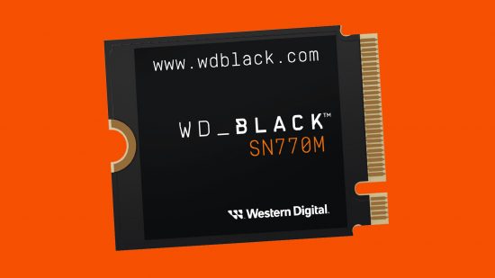 An image of the WB_Black SN770M SSD on an orange background.
