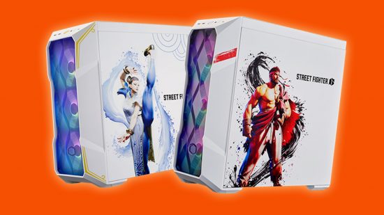 The Chun Li and Ryu PC cases, part of the Cooler Master and Capcom PC range, on top of an orange background.