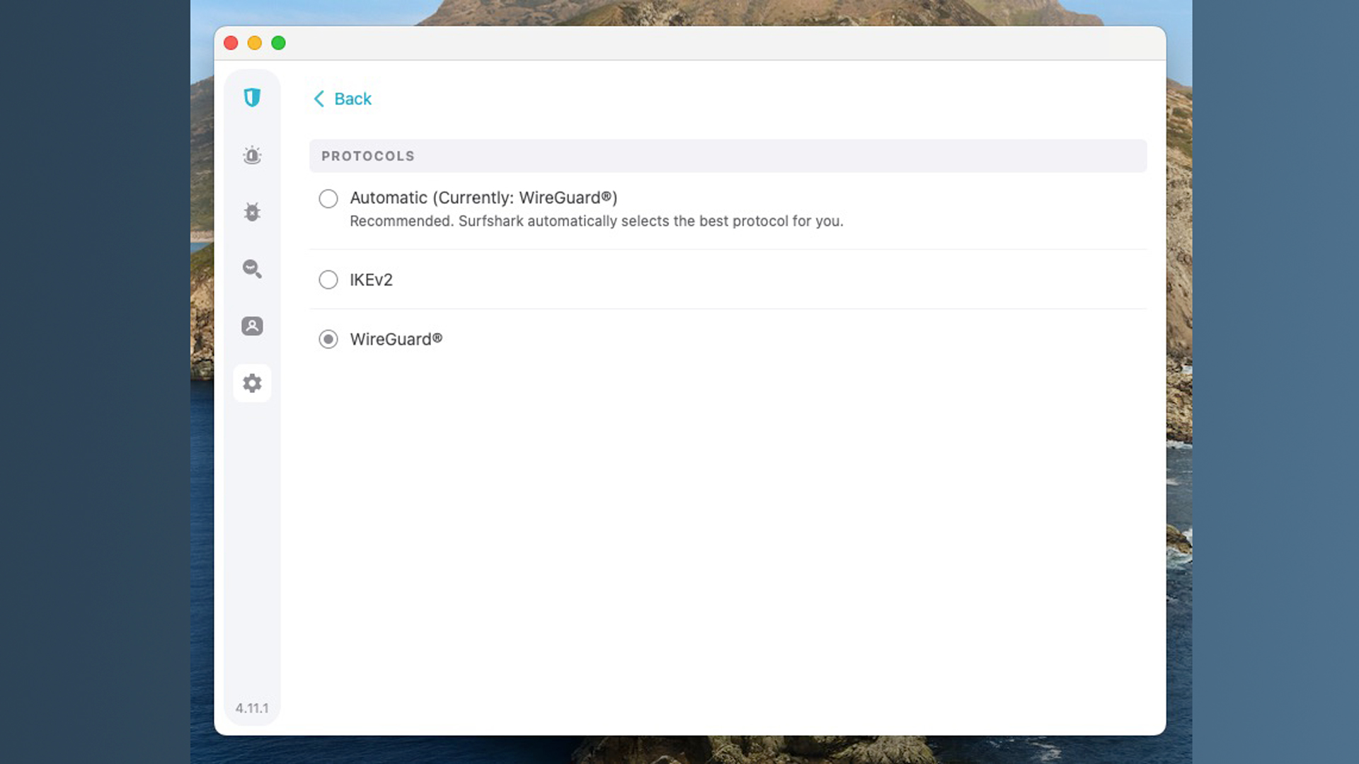 A screenshot of the Surfshark Windows app showing the bypasser feature