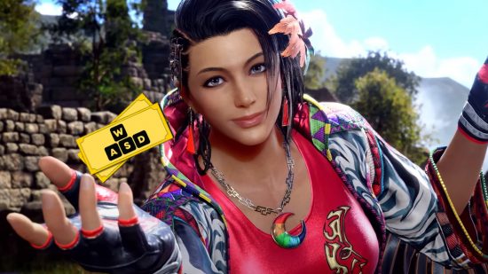 A pretty Latin woman with black hair with a pink flower in it wearing traditional Maya clothing with a crescent moon necklace holds out two tickets to a WASD event