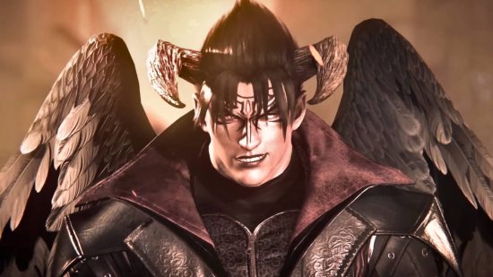 Devil Jin is one of the more divisive characters in the Tekken 8 roster. Here he's wearing a leather jacket, has huge horns, and lots of gothic makeup.