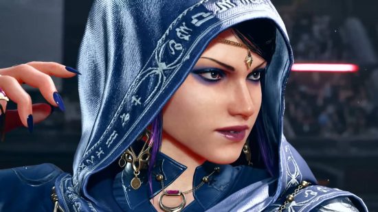 Tekken 8 roster: Zafina is wearing a hood to cover her lavender hair, and is in a fighting stance.