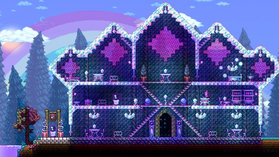 Terraria 1.4.5 update and State of the Game August 2023 - A house built next to a Shimmer lake using the new Aetherium Furniture.