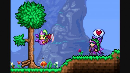 Terraria 1.4.5 update - A character watches their Cen-Axe fairy pet attempting to chop down a tree with its tiny axe.