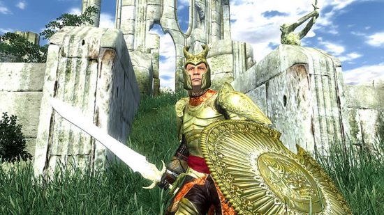 An armed warrior in The Elder Scrolls 4: Oblivion. You can get this and other Bethesda games cheap.