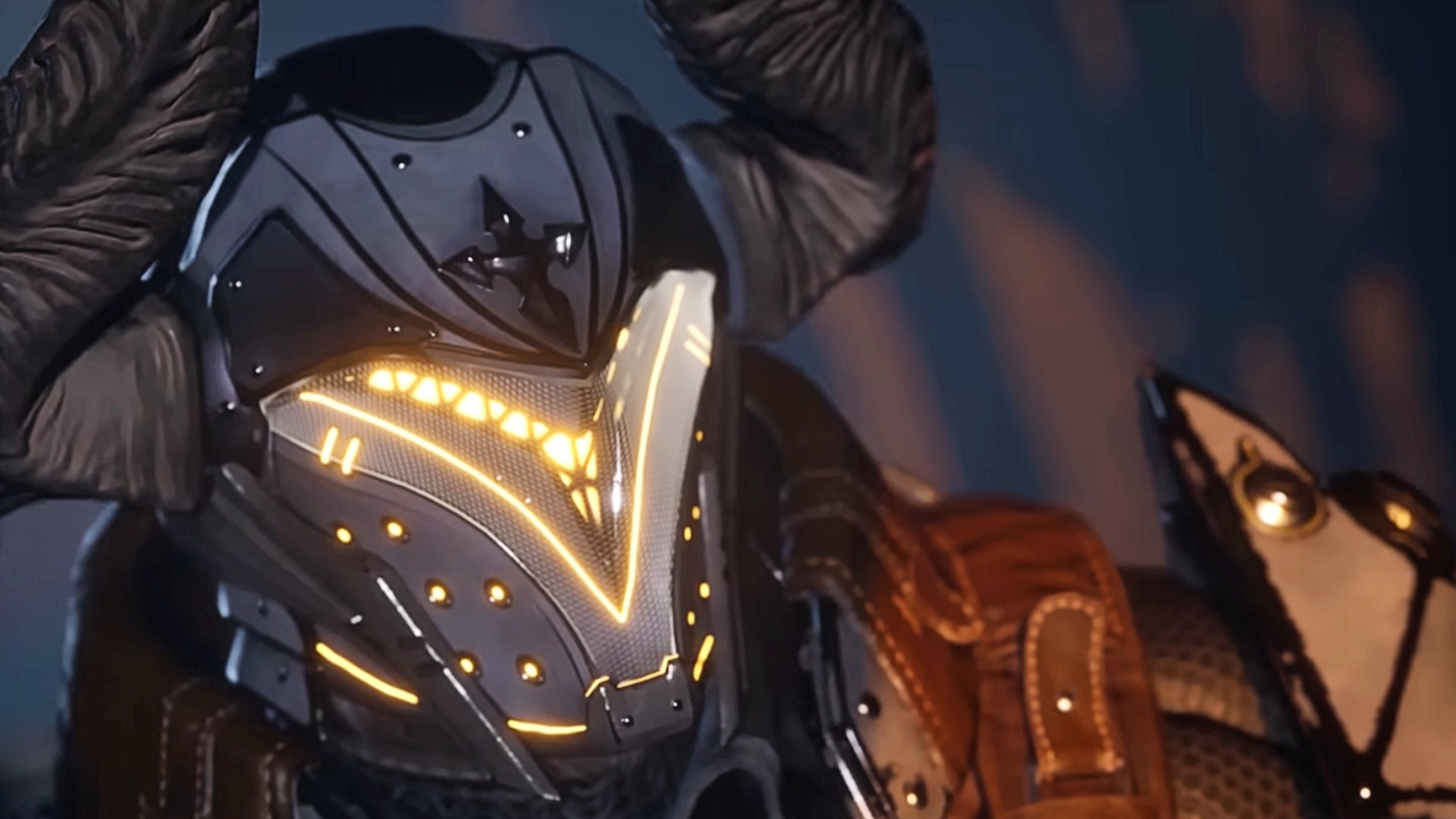 A playable character wearing a horned helmet looks into the distance in The First Descendant.
