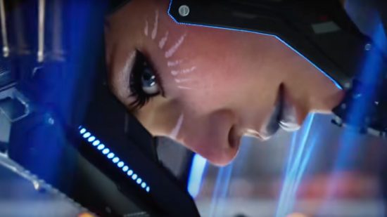 The First Descendant release date: A blue-eyed Descendant leans over, the blue of her helmet perfectly matching the color of her eyes.