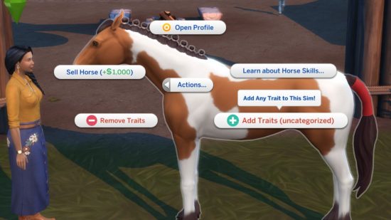 The Sims 4 mods: A horse has a menu option to add traits to deepen its personality