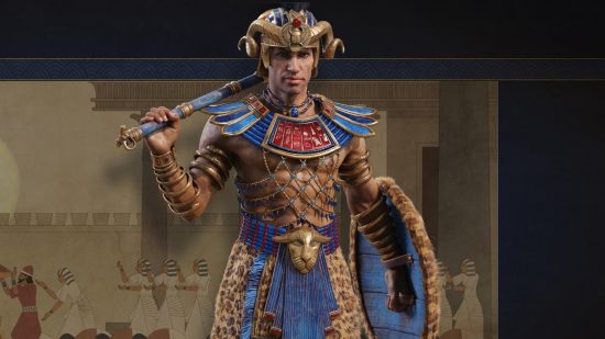 A pharaoh with a huge bludgeon and leopard fur shield wearing blue and red combat armor and a twisted golden helmet