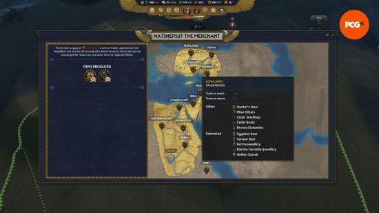 Total War Pharaoh Amenmesse preview: A map with perks along the side from an Egyptian god