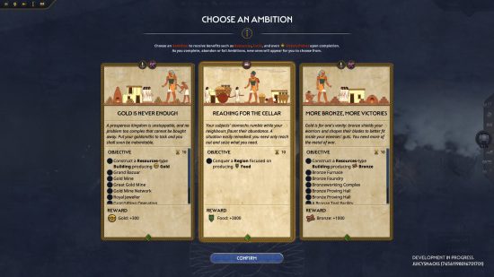 Total War Pharaoh campaign - Screen to choose an ambition for special bonus rewards.