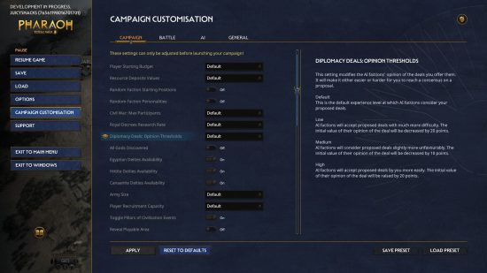 Total War Pharaoh campaign - The customization menu, with options to adjust the features and difficulty of the mode.