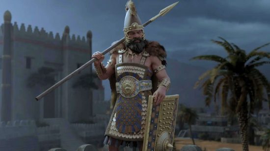 Total War Pharaoh launch date: a man with a shield and spear over his shoudler