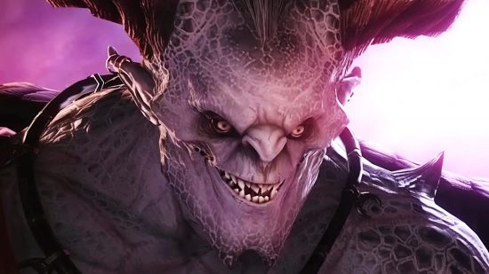 Total War Warhammer 3 Steam Sale -Azazel, 두 개의 큰 뿔이 달린 옅은 피부 악마가 넓게 나옵니다