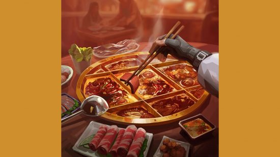 Next Valorant Agent 2023 - Teaser image showing someone holding chopsticks as they eat the final steaming-hot pieces of meat from a large food platter.