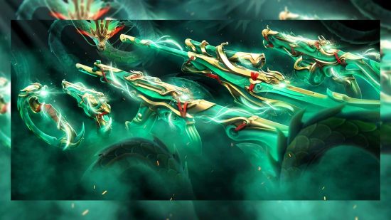 The Imperium Valorant skins, green weapons with gold and red details, inspired by dragons.