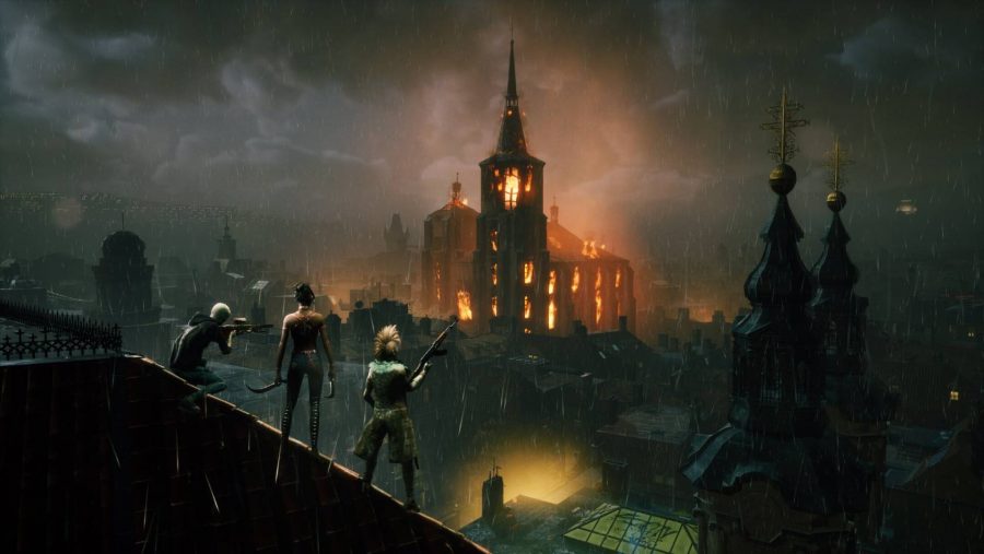 Vampire The Masquerade Bloodhunt: A group of three stand on a building with weapons looking out at a burning church in a darkened city
