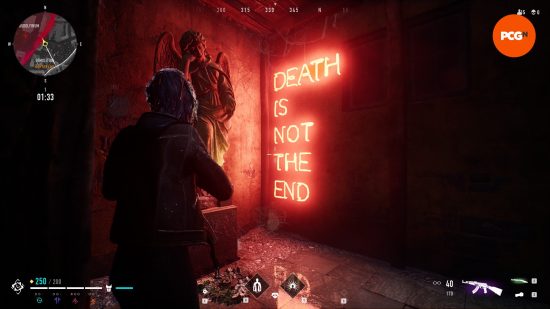 A woman with shaved hair holding a weapon in a tomb with a neon sign that reads 'death is not the end'