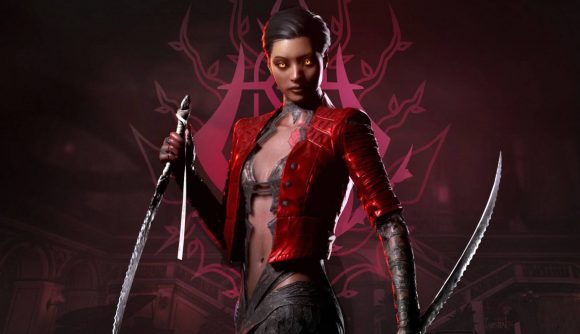 Ditch Fortnite and play the best battle royale before it dies: A black woman with short hair wearing a red jacket holding two deadly swords stands on a red background with a harp