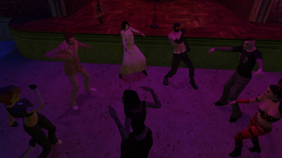 Vampire The Masquerade Bloodlines: A group of pixellated characters dance in a circle in a club