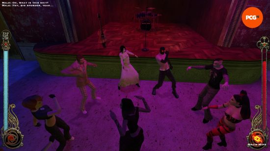 A group of pixel game characters dancing in a circle in a dark club illuminated by purple light with instruments on a stage