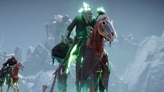 Age of Sigmar Realms of Ruin lets you build your own maps: A skeleton with green fire blazing from its head rides a horse wearing a skeletal mask in a snowy mountain area