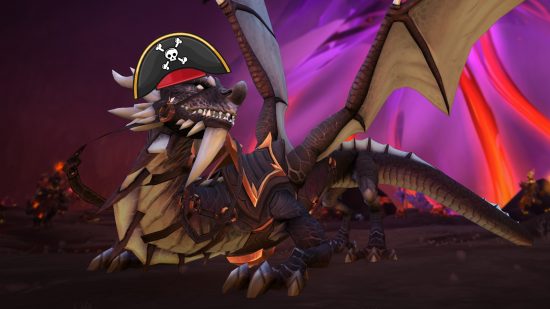 New WoW Dragonflight event gives you the coolest dragon ever: A huge brown dragon stands staring over its shoulder ad a breach in the sky wearing a cartoon pirate hat