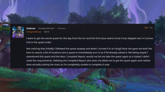 A comment on the World of Warcraft forums discussing the A Curious Orb quest for the Secrets of Azeroth event being bugged