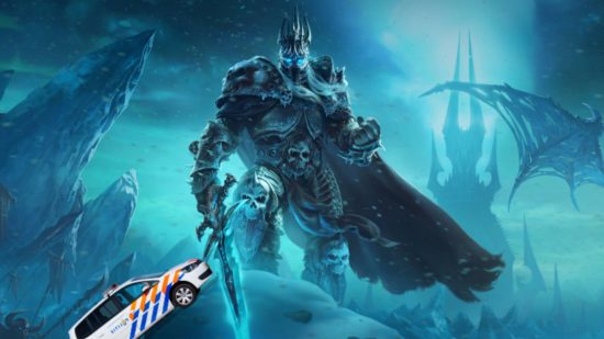 A huge knight in twisted black armor stands holding a sword glowing with blue aura in front on an icy spire as a small police car drives up to him