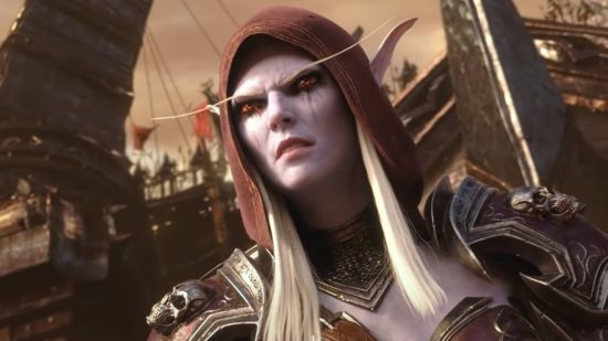Sylvanas Windrunner is back in WoW, but not how you expect: An elf woman with pale skin, glowing red eyes, and long white hair with long eyebrows grimaces as she looks off camera into a battle zone