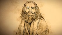 Age of Empires II Definitive Editions new DLC: a drawing on yellow parchment-like paper depicts a man with long hair and a bear staring off to the side